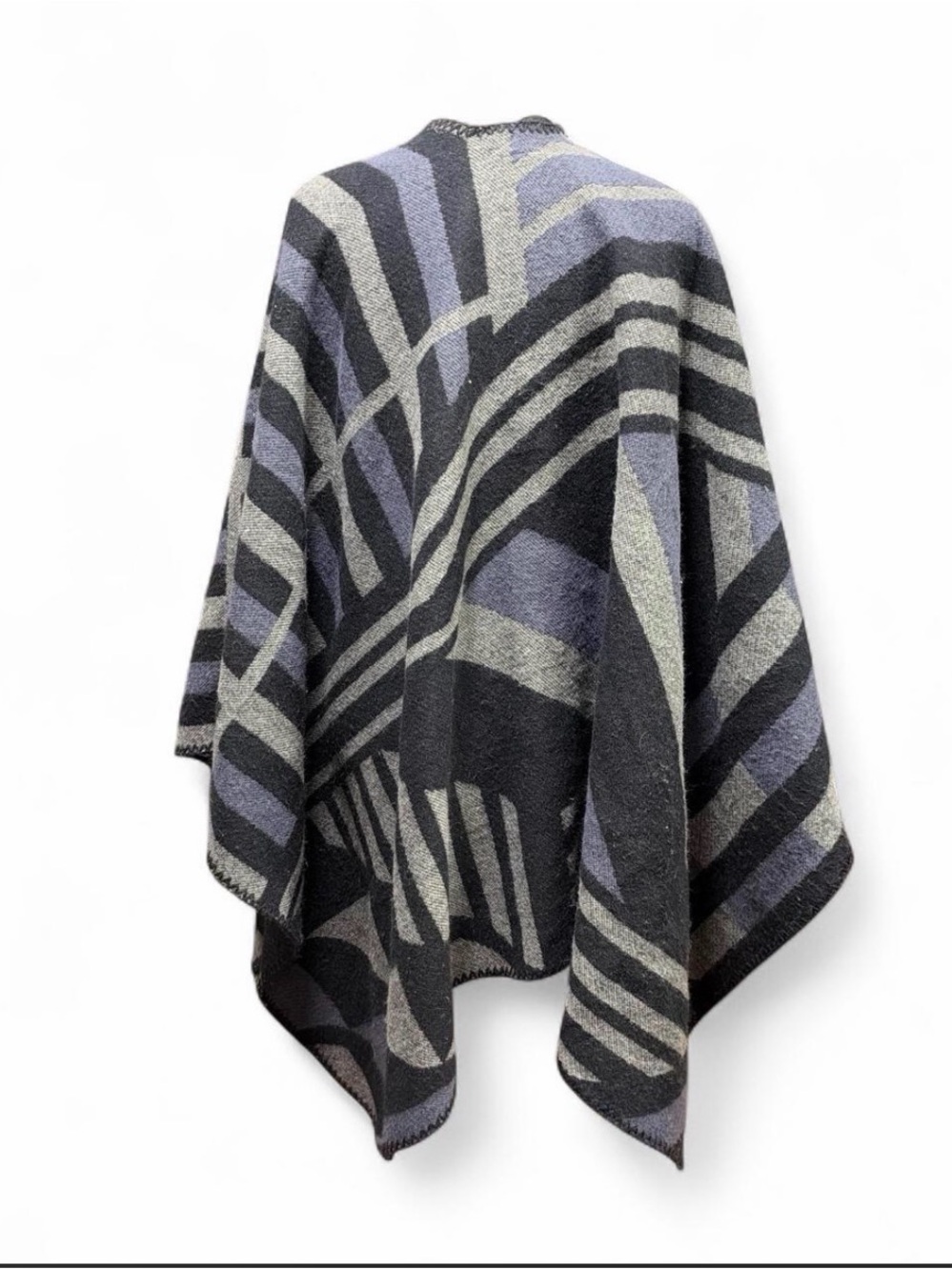 Abstract Stripe Knit Poncho Sweater - Black & Gray Geometric Shawl Acrylic Wrap